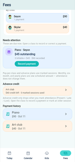 Fees screen with Piano outstanding and a Record payment button
