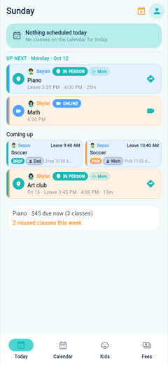 Today screen with Piano, a leave time, and directions